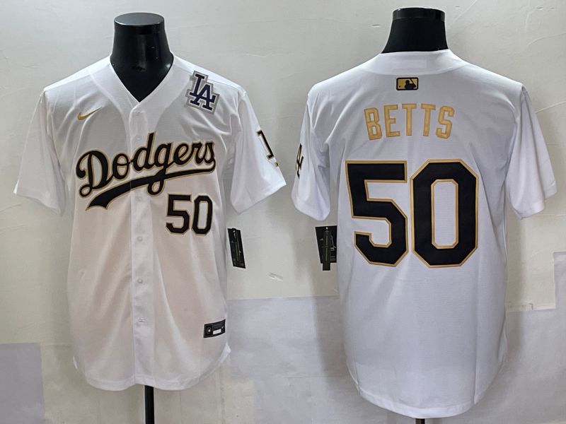 Men 2025 Los Angeles Dodgers #50 Betts White Gold Nike MLB Jersey style 6279